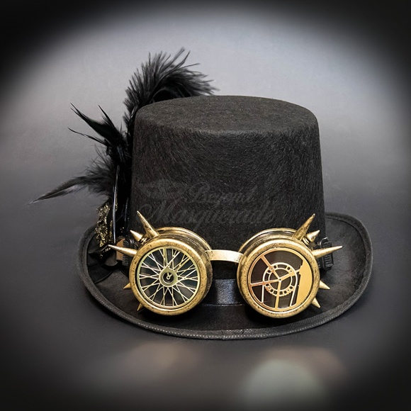 Steampunk Top Hat Costume Goggle Mask Feathers - Picture 4 of 4